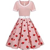 Women 1950s Retro Strawberry Vintage Cocktail Party Swing Dress Halloween Short Sleeve 50s Audrey Hepburn Rockabilly Prom Tea Dress Spring Garden A line Wedding Guest Evening Dress Pink-Strawberry L