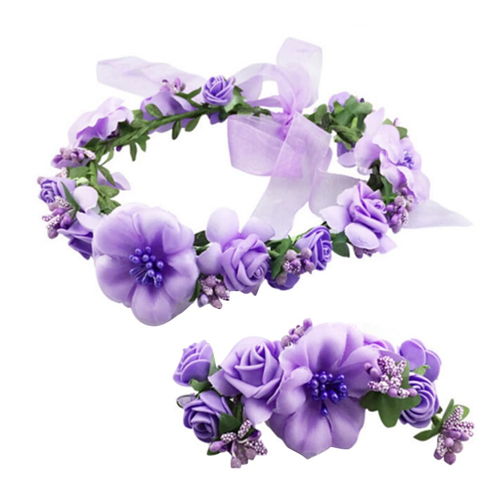 FRCOLOR 2Pcs Purple Flower Crown and Wristband Set, Adjustable Floral Headband Garland for Weddings, Festivals, Parties, Beach Outings, and Costume Events