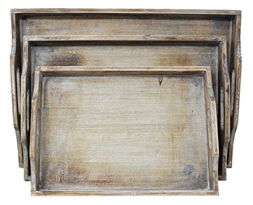 Vintage Rustic Torched Wood Country Nesting Breakfast Trays – White Washed Tray Set For Serving Breakfast, Coffee, Lunch, or Dinner – 3 Piece