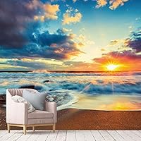 Wall Mural Beach and Blue Sea View Removable Self-Adhesive Wallpaper Wall Decoration for Bedroom Living Room - 66x96 inches