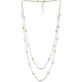 Women's Layered Gold Toned Pearl Necklace, Double Strand Long Chain Jewelry, Elegant Luminous Beaded Accessory, Classic Formal Glamour Style, Gift for Her