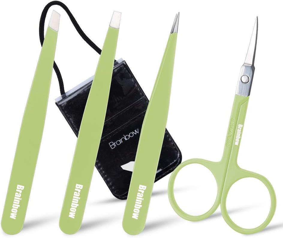Brainbow Eyebrow Tweezers Scissors Set with Travel Case False Eyelash Clip Nose Face Ingrown Hair Removal Trimmer for Women Men Point Slant Flat Tip Tweezers Pointed Bend Makeup Scissor (Green)