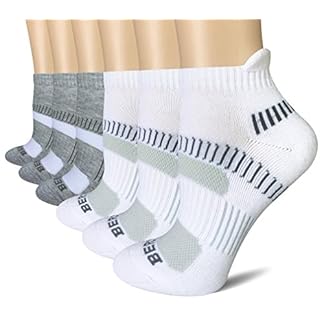 BERING Women's Performance Athletic Ankle Running Socks 6-Pack in assorted colors including gray, white, and mint green, featuring cushioned soles, breathable mesh ventilation, arch support, and heel tabs for comfort during running, workouts, and sports