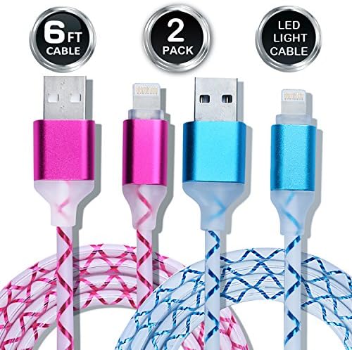Lightning Cable, HelloEdge iPhone USB Charging Cable 6FT LED Light Blue Color Night Light Glowing High Speed Cord for Apple iPhone, iPad, iPod (2 Pack) (Blue+Pink)