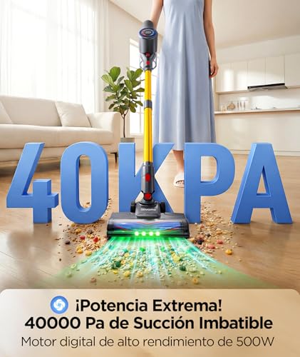 Slivamo S10 Aspiradora Sin Cable, 45KPa/40Min/500W, Pantalla LED, Tubo Telescópico, Autónomo, Luz Verde, Aspiradora Escoba Sin Cable para Pelo de Mascotas/Alfombras/Suelos Duros