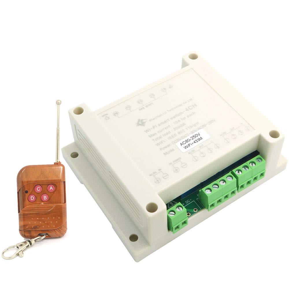 DollaTek 4-Way WiFi Remote Wireless Smart Switch DIY Home Timing/Delay Self-Latching/Inching/Interlocking Relay - Have Shell 220V+433M Remote Control