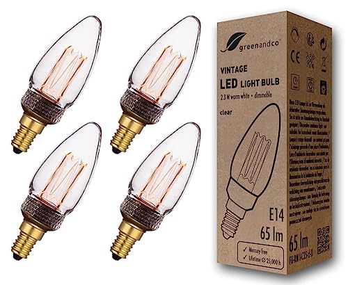 greenandco 4x dimmbare Vintage Design LED Birne zur Stimmungsbeleuchtung | E14 C35 | klar | 2,3W 65lm | 1800K extra warmweiß | 320° | 230V | flimmerfr