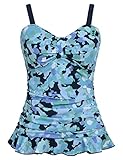 Hilor Women's 50's Retro Ruched Tankini Swimsuit Top with Ruffle Hem