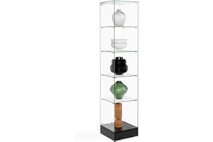 DISPLAYS2GO Glass Square Tower Display and Black MDF Base, with Locking Hinged Door and Hidden Wheels