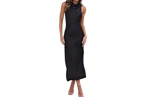 Halfisland Satin High Neck Backless Sleeveless Midi Dresses for Women Elegant Mock Neck High Waist Cross Back Cocktail Dress