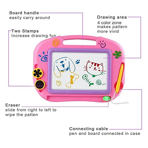 asika Magnetic Drawing Board for Kids & Toddlers, Erasable Colorful Magna Doodle Toys Writing Sketching Pad with 1 Pen & 2 Stamps, Travel Size (Pink) - Thumbnail 4
