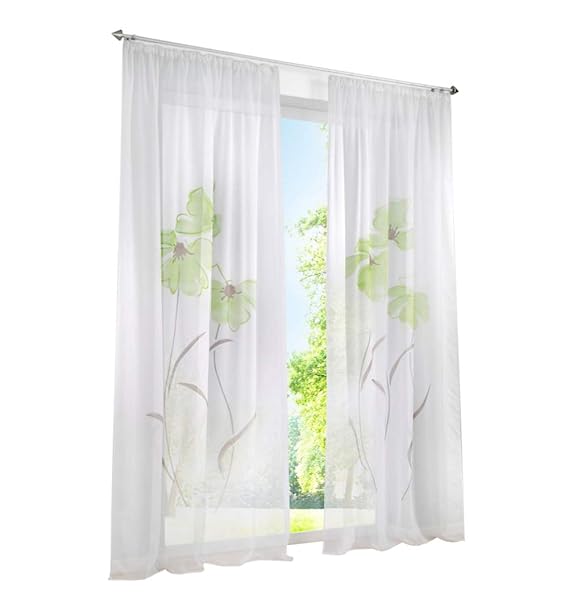 BAILEY JO 1er-Pack Gardine Floral Gardinen Schlaufen mit Blumen Druck Transparent Voile Vorhang (BxH 150x145cm, Grün mit Kräuselband)