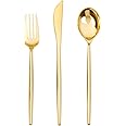 SUT 150PCS Gold Plastic Silverware,Gold Plastic Utensils,Gold Silverware Disposable,Disposable Utensils Heavy Duty,Disposable Cutlery,Includes:50 Knives, Forks and Spoons for Party, Birthday,Wedding