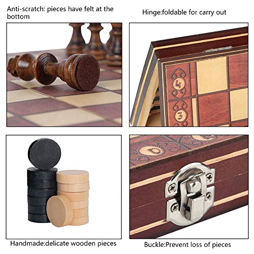 3-in-1 Wooden Chess Set & Checkers & Backgammon Set with Folding Carrying Case Folding and Travel Chess Board for Kids Teens Adults 11 inch
