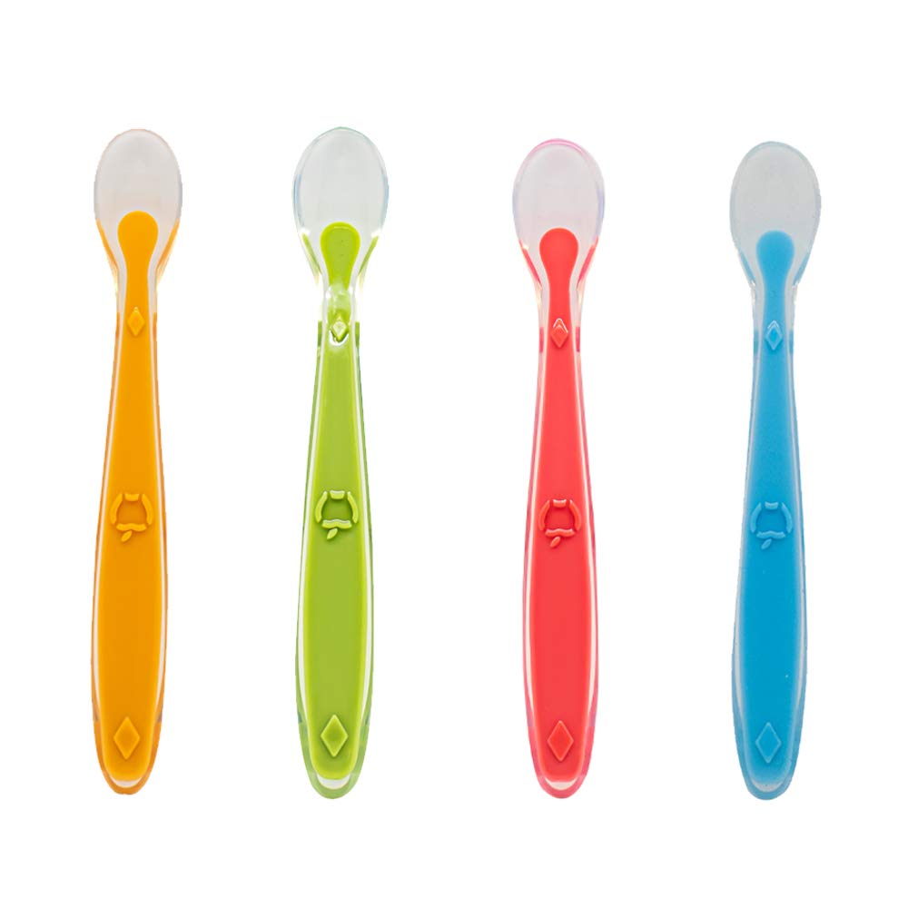 Callowesse Baby Silicone Reusable Spoons with Easy Grip Handle and Soft Tip, Dishwasher and Microwave Safe 4 Pack - Blue, Green, Orange & Red