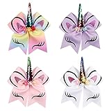 Oaoleer 7 inch Unicorn Cheer Bows Girls Hair Bows With Elastic Band for Cheerleader Girls Pack of 4