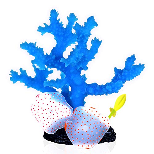 Coral Aquarium Decorations Blue Artificial Plant Ornament 6 x 5.5 x 4″ Aquarium Decor Fish Tank Decorations Fresh Salt Water Realistic Glowing Actinic Lighting Non Toxic Silicone Resin