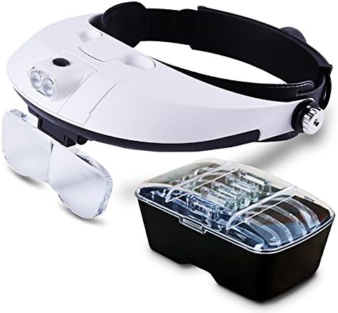 Illumination Headset | Superb 4 Set Headband LED Lamp Light with 5 Prime Grade Magnifier PC Lens for Reading or Micro Works, Adjustable to Fit Any Head Size, Black and White | 385.3