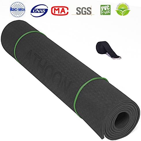 ATHOON Yoga Mat TPE with Strap Bag 2018 New Eco Friendly Non Slip Exercise Mat - ¼-Inch 6mm Thick for Men &amp; Women, Black
