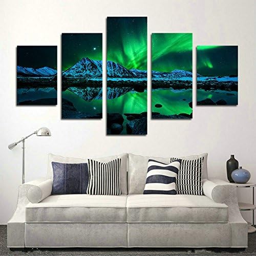 SwmArt 5 Piece HD printed aurora borealis painting on canvas printing decoration room canvas prints image(60"W x 32"H, Framed)