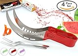 Vellostar Watermelon Slicer Corer Cutter Tongs and Server Set, with ss304 Serving Fork & Orange Peeler, Kitchen-Grade 304 Stainless Steel, Ergonomic Handle, Watermelon Knife, Red