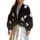 Lunoakvo Women Ghost Halloween Cropped Long Sleeve Open Front Knitt Cardigan Sweater