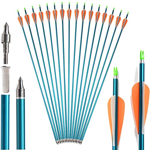SHARROW 12Pcs Archery Aluminum Arrows 32 Inch Archery Target Arrows Spine 500 Adult Hunting Arrows with Plastic Feathers for Compound Bow Recurve Bow Longbow Bow And Arrow For Hunting (Blue)