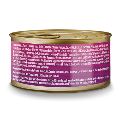 NULO MINCED YELLOWFIN TUNA & SHRIMP WET CANNED CAT FOOD, 2.8 OUNCE CANS, PACK OF 12