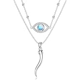 OUTANG Italian Horn Necklace for Women 925 Sterling Silver Italian Horn Cornicello Pendant Layered Necklace Evil Eye Pendant Necklaces Talisman Jewelry Gifts for Mom Wife