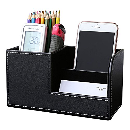KINGFOM Leather Desk Tidy Organiser Caddy Multifunction Pen Pencil Pots Holder Office Desk Stationery Supplies Organiser — image 1