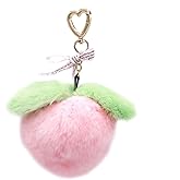 Surell Real Rex Rabbit Fur Peach Fruit Keychain (Pink, Green) - Pom Pom Keychain for Women, Girls