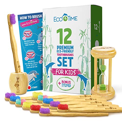 EcoTime Organic Bamboo Toothbrush Premium Set for KIDS - 12-Pack with Colorful Bristles Toothbrush Holder HOURGLASS BONUS and Infographic - Biodegradable Handle - BPA Free Soft Bristles - Eco-Friendly