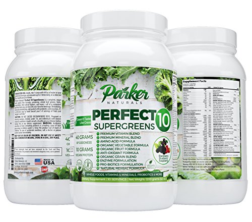 Perfect 10 Supergreens is Premium Organic Green Superfood with Very High End Ingredients in All Categories. Very Large 40 Gram Serving Size Provides 5 to 9 Servings Wholesome Fruits & Vegetables