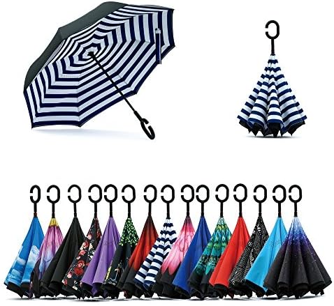 JooayouDouble Layer Inverted Umbrella, C Shape Handle Reverse Folding Umbrella, Anti-UV Windproof Travel Umbrella with Carrying Bag
