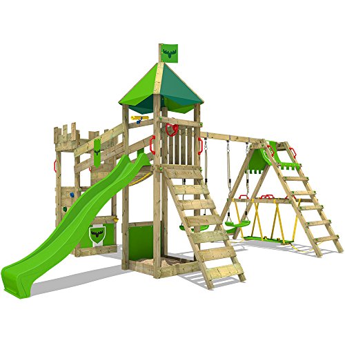 FATMOOSE Spielturm DazzyDuke Duo XXL Ritterburg Klettergerüst mit Surfanbau, Schaukeln, Rutsche und Wackelbrücke