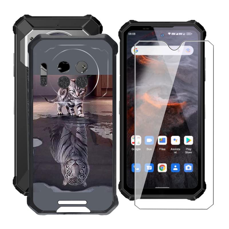KJYF Phone Case for Oukitel WP19 (6.78"), Soft Silicone TPU Case Shockproof Protective Cover with 1 Piece Tempered Glass Screen Protector for Oukitel WP19 - Cat and Tiger