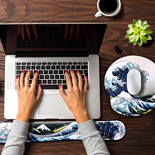 Hokusai The Great Wave Ergonomic Design Mouse Pad with Wrist Rest Hand Support and Keyboard Support. Round Large Mousing Area. Mouse Pad and Keyboard Pad for Laptop, PC Computer & Mac.