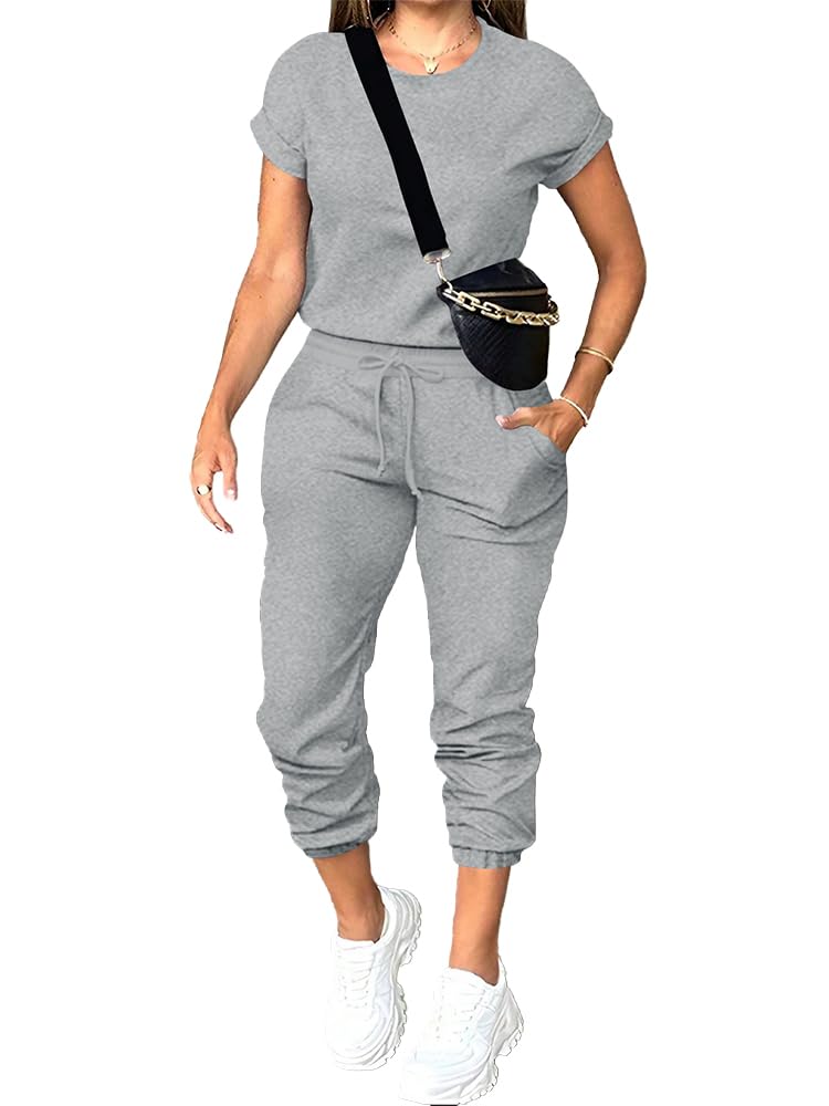Photo 1 of PINSV Women's 2 Piece Outfits Tracksuit Sets Short Sleeve Tops Jogger Pants with Pockets Gray L