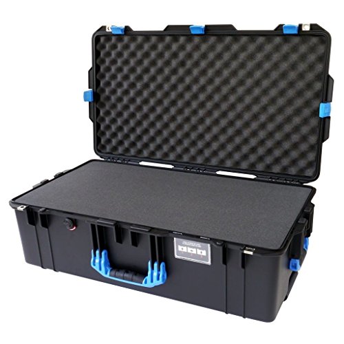 Black w/ Blue handles & latches Pelican 1615 case. With Foam. With Wheels.