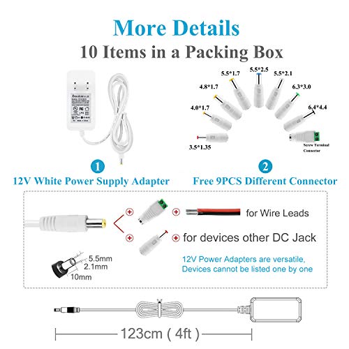 ALSISK DC Power Supply 12V 1A 12W Adapter,AC 100-240V to DC 12V Power Cord for LED Strip,Fish Tank,Clock Radio,Scanner,Switch,Wifi Router,ESCAM QD300,T-Com,Speedport+9 Different Plugs-White - Thumbnail 6