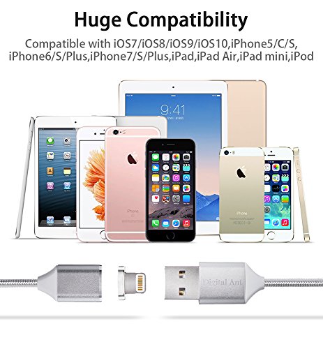 Digital Ant Gen3 Nylon Braided Super Magnetic Charging and Data Transfer Cable for i-Product. Magnetic Charging Cable or Magnetic Charging Cord for iPhone and iPad. (5 Feet-Silver-Twin Pack)