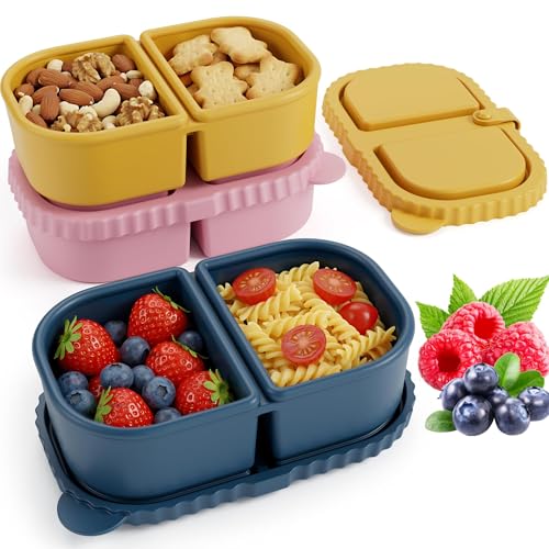 DRNKNSTX 3 Pack Reusable Silicone Snack Containers with Lids, 8.5oz 2 Compartment Snackle Box Containers, Ideal Portable Small Snack Pack Containers for School, Office and Picnic (Blue, Pink, Yellow)