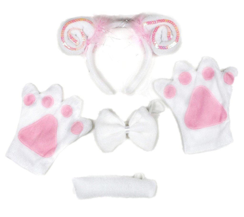 Petitebelle Sheep Headband Bowtie Tail Gloves 4pc Adult Costume (White, One Size)