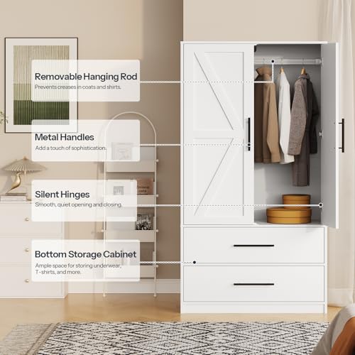 HOOBRO Armoire Wardrobe Closet with 2 Drawers, 180 cm Tall Wardrobe Cabinet with Hanging Rod, 2 Doors Bedroom Armoires, Farmhouse Clothing Storage Cabinet, Wooden Wardrobe for Bedroom, White WT180CW01