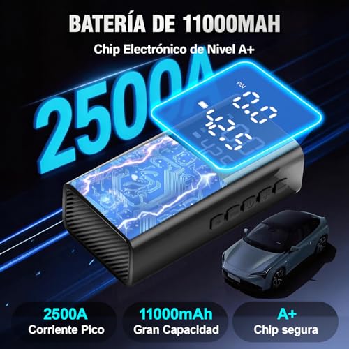 AUTODIAG Arrancador de Batería de Auto 2500A Portátil con Compresor de Aire 150PSI,11000mAh Batería,Jump Starter 12V para Autos Gas 5L/Diésel 2L, Linterna de Emergencia, Clip de Seguridad Inteligente