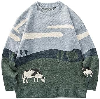 Yimoon Men Sweaters Oversized Graphic Casual Cable Knitted Jumper