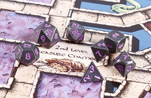 Forged Dice Co. Metal Polyhedral Dice (Set of 7 Polyhedral w/Tin, Iron w/Orchid Numbers Set of 7 Polyhedral w/Tin)