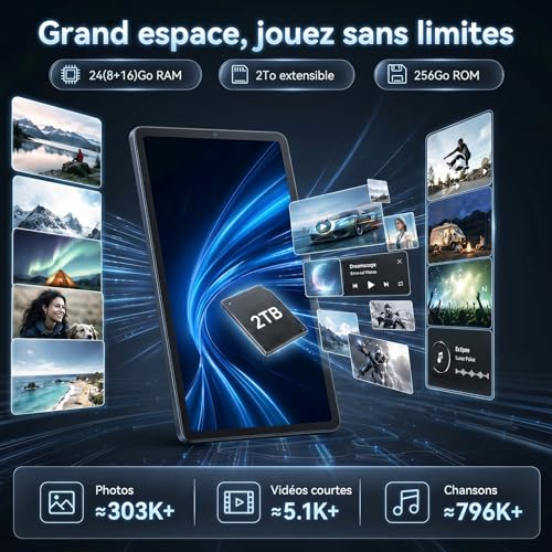 TABWEE Android 16 Tablette avec Clavier - 24 Go+ 256 Go(2To TF), Octo-Core, Gemini AI 3.1Pro, Widevine L1, Tablette 10 Pouces, 5000 mAh, 8 MP+ 5MP, Face ID, GPS (Garantie de 4 Ans)