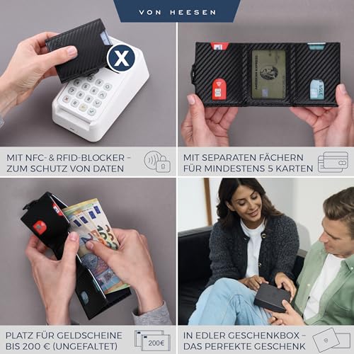 VON HEESEN Slim Wallet with RFID Protection, for Men and Women, Mini Purse, Credit Card Case, Small Wallet, Black carbon