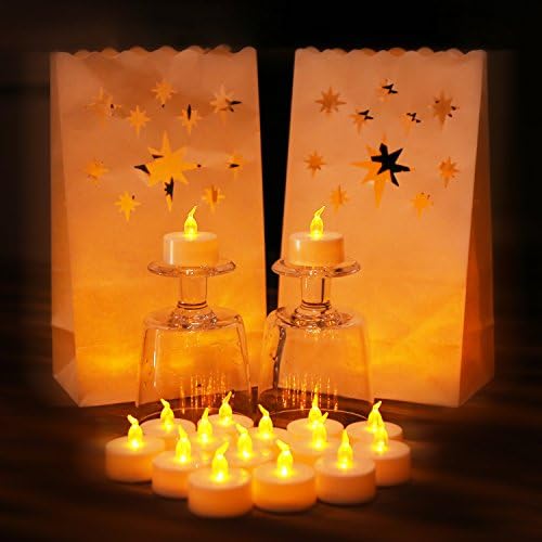 Anzome 30 Packs Flameless Tea Lights Yellow Flickering LED Tealight Candles with Bonus Luminary Bags
